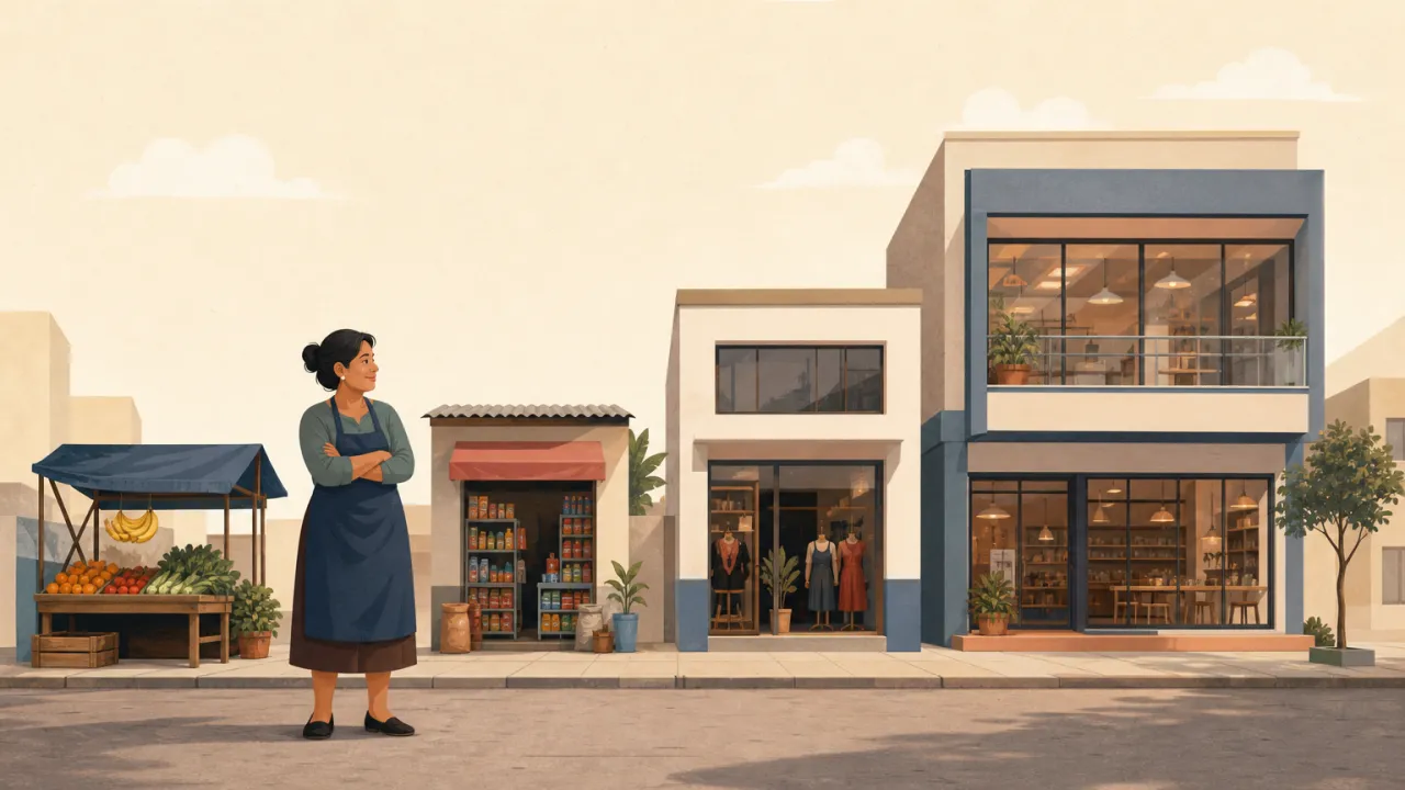 Ilustración editorial de los tramos de ventas que separan microempresa, pequeña empresa y mediana empresa en la clasificación peruana.