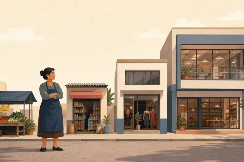 Ilustración editorial de los tramos de ventas que separan microempresa, pequeña empresa y mediana empresa en la clasificación peruana.
