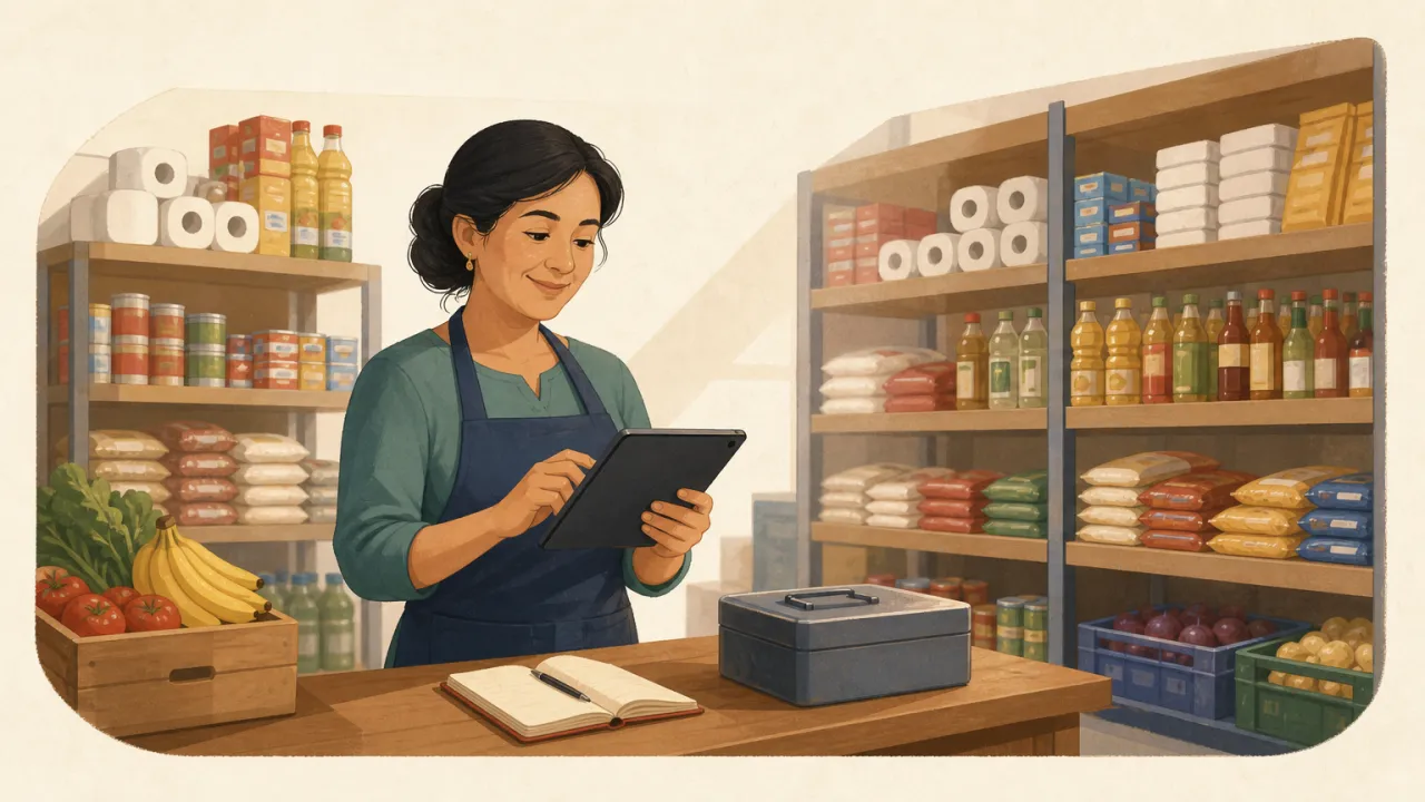 Ilustración editorial del orden para ordenar la gestión de un negocio peruano pequeño, desde el registro de ventas hasta los indicadores mensuales.