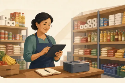 Ilustración editorial del orden para ordenar la gestión de un negocio peruano pequeño, desde el registro de ventas hasta los indicadores mensuales.
