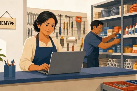 Dueña de una ferretería consulta desde su laptop, apoyada en el mostrador del negocio, el estado de registro de su empresa.