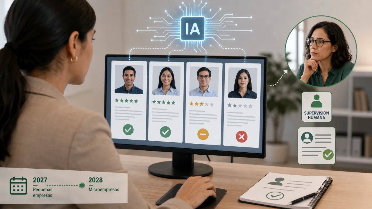 Ilustración sobre el reglamento peruano de inteligencia artificial: las obligaciones que impone a una empresa pequeña, el uso de riesgo alto al filtrar postulantes y los años en que empieza a aplicar según el tamaño del negocio.