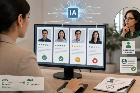 Ilustración sobre el reglamento peruano de inteligencia artificial: las obligaciones que impone a una empresa pequeña, el uso de riesgo alto al filtrar postulantes y los años en que empieza a aplicar según el tamaño del negocio.