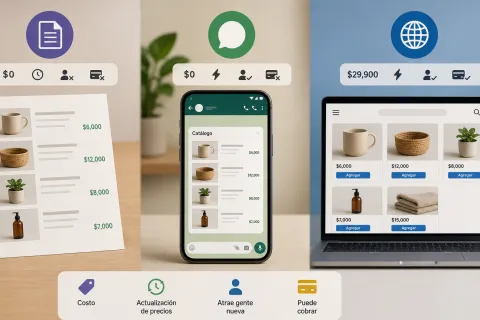 Ilustración que compara las tres formas de mostrar productos —documento descargable, catálogo en el chat y página web— según su costo, actualización, visibilidad y capacidad de cobro.