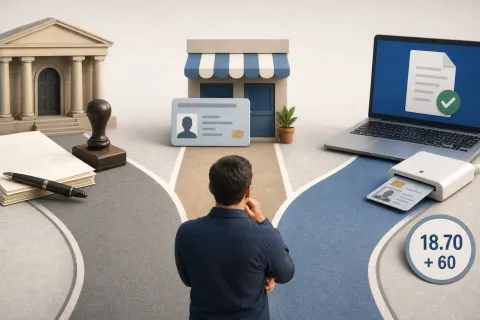 Ilustración sobre las dos vías para constituir una empresa en Perú: la tradicional ante notario y la digital sin escritura pública.