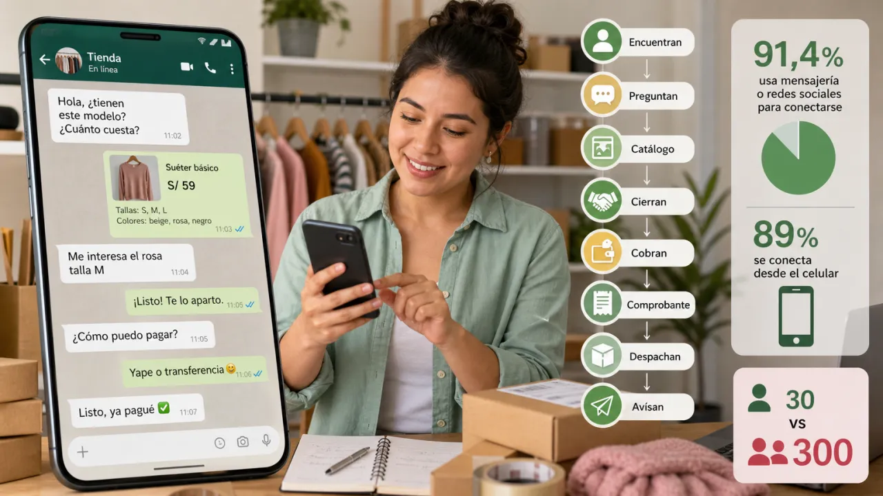 Ilustración sobre la venta por mensajería instantánea en Perú: el catálogo en el chat, las etiquetas de pedido y el recorrido de una venta de principio a fin.