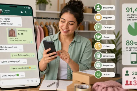 Ilustración sobre la venta por mensajería instantánea en Perú: el catálogo en el chat, las etiquetas de pedido y el recorrido de una venta de principio a fin.