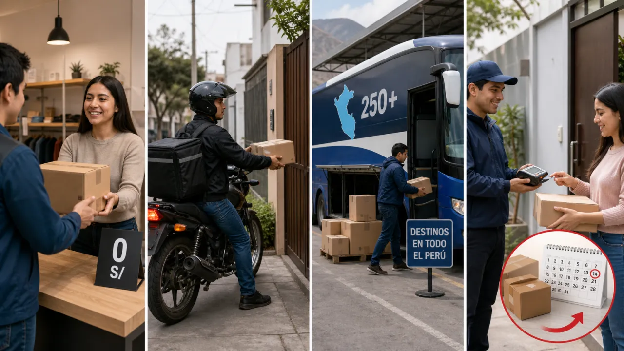 Ilustración sobre las cuatro formas de despachar pedidos en Perú y el plazo de custodia que devuelve el paquete si nadie lo recoge.
