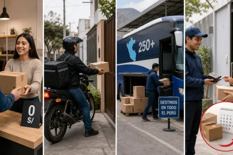 Ilustración sobre las cuatro formas de despachar pedidos en Perú y el plazo de custodia que devuelve el paquete si nadie lo recoge.
