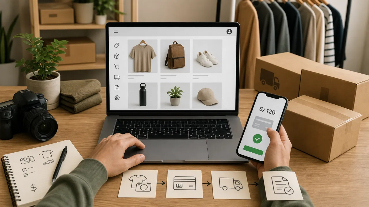 Ilustración sobre las cuatro piezas de una tienda online —catálogo, cobro, envío y obligaciones— y los tres niveles de coste para montarla.