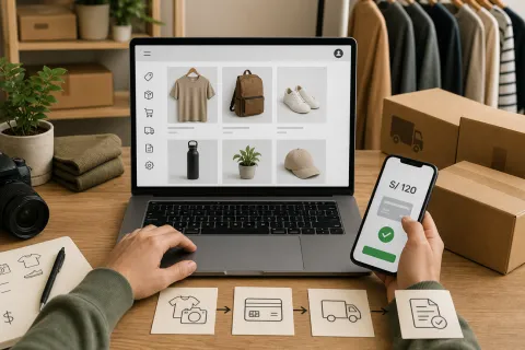 Ilustración sobre las cuatro piezas de una tienda online —catálogo, cobro, envío y obligaciones— y los tres niveles de coste para montarla.