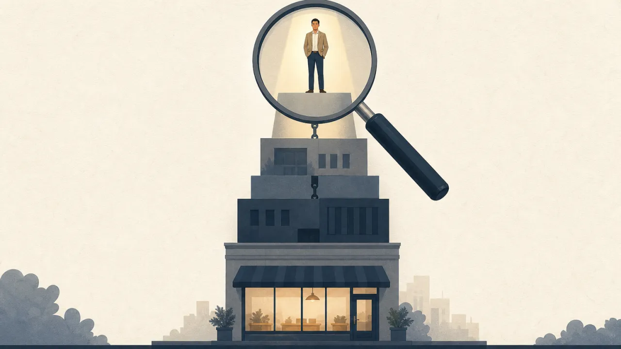 Ilustración de la cadena de propiedad de una empresa que se recorre hacia arriba hasta llegar a la persona que la controla.