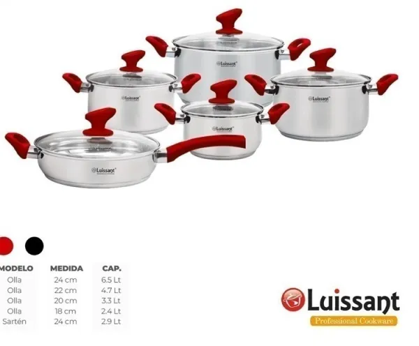 SET DE OLLAS X 10 PIEZAS, EN ACERO INOXIDABLE CON TAPA DE VIDRIO, MANGO BAQUELITA COLOR ROJO. MARCA LUISSANT