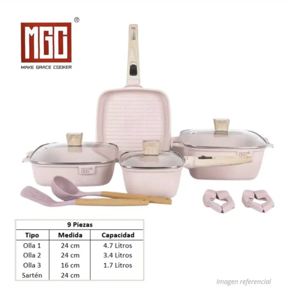 SET DE OLLAS X 9 PIEZAS EN ROCA VOLCÁNICA, CON TAPA DE VIDRIO, COLOR PINK, MARCA MGC