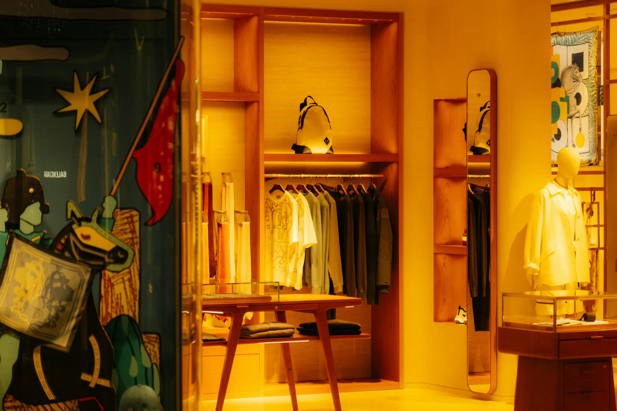 A brightly lit clothing store interior with displays.
