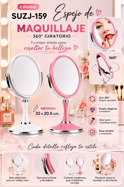 ESPEJO PARA MAQUILLAJE DOBLE CARA CON AUMENTO 32X20.5CM