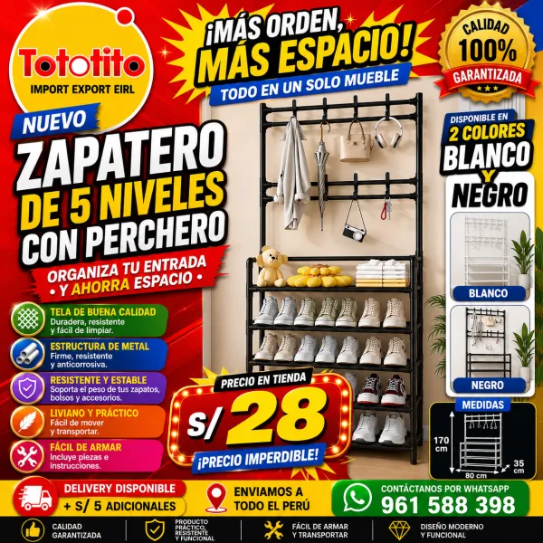 Zapatero de 5 niveles con perchero