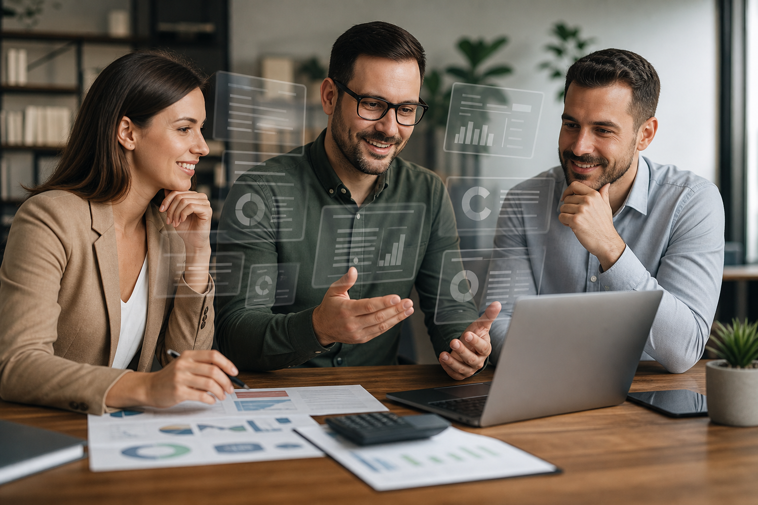 Equipo profesional colaborando alrededor de laptop, analizando datos y gráficos financieros. Ambiente moderno, corporativo y de confianza transmitiendo trabajo en equipo efectivo.
