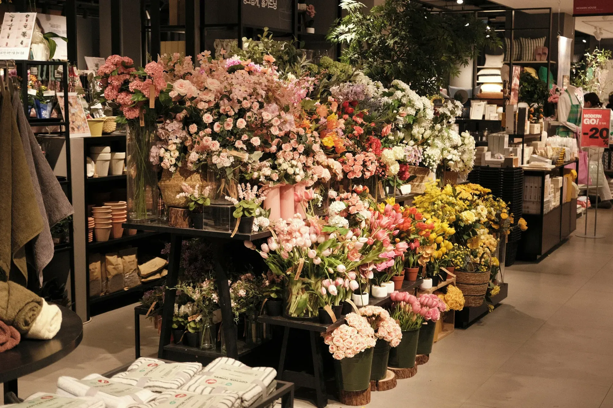 A vibrant display of fresh flowers in a shop.