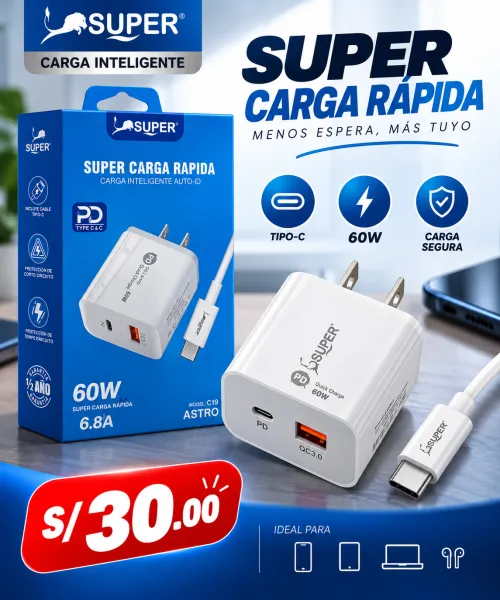 CARGA RAPIDA SUPER Tipo-C  60W 6.8A 