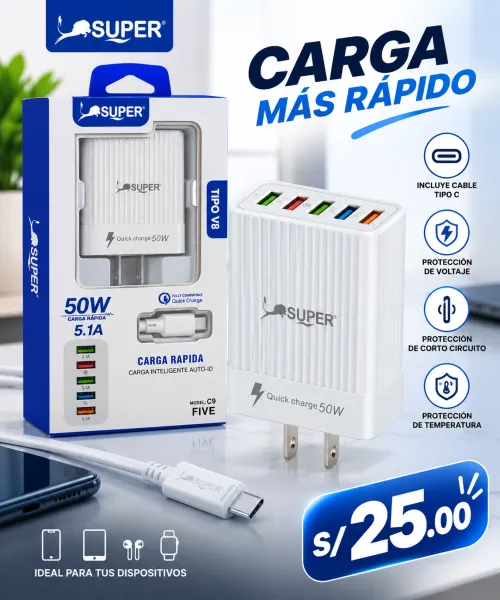 CARGA RAPIDA  Super Tipo-B8- 5 Puertos 50W