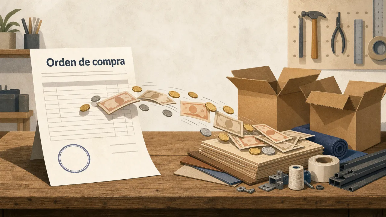 Ilustración de una orden de compra del Estado que se convierte en monedas y billetes que llegan a un pequeño taller antes de despachar el pedido.