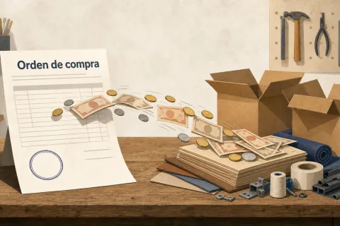 Ilustración de una orden de compra del Estado que se convierte en monedas y billetes que llegan a un pequeño taller antes de despachar el pedido.