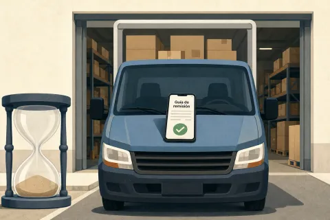Ilustración de una camioneta de reparto cargada de cajas junto a un reloj de arena vacío, con la guía de remisión en la pantalla de un celular.