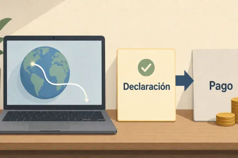 Ilustración de una laptop que recibe un servicio desde el extranjero y de dos tarjetas en orden: primero la declaración y después el pago.