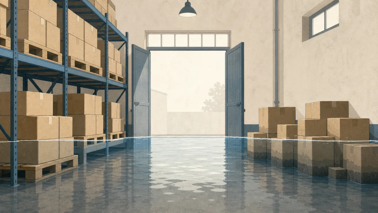 Ilustración del interior de un almacén con el agua entrando: la mercadería levantada sobre tarimas queda a salvo y la que está en el suelo no.