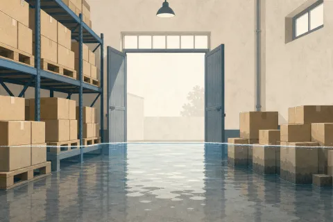 Ilustración del interior de un almacén con el agua entrando: la mercadería levantada sobre tarimas queda a salvo y la que está en el suelo no.