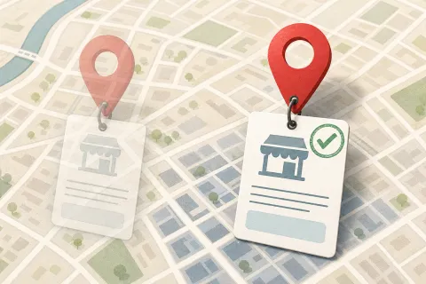 Ilustración de la ficha de un negocio sobre un plano de calles, pasando de estar sin verificar a quedar confirmada con un sello.